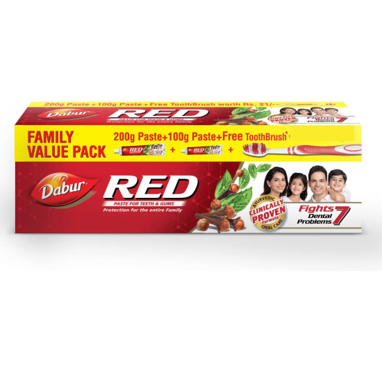 Dabur Red Toothpaste Family Value Pack (200g + 100g)  (With Free Toothbrush)