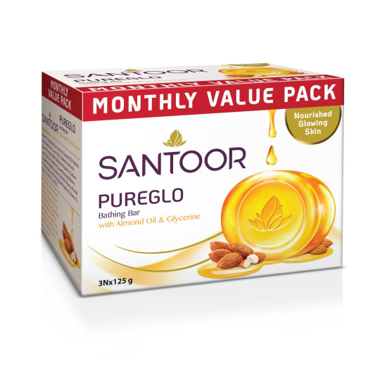 Santoor Pureglo Glycerin Almond Honey Soap 125 g (Pack of 3)