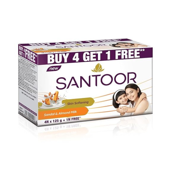 Santoor Sandal & Almond Milk Soap 125 g (Buy 4 Get 1 Free)